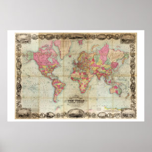 Póster Mapa del mundo ilustrado y adornado de Colton