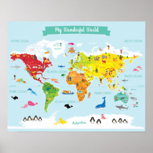 Póster Mapa del mundo infantil brillante con Ilustracione