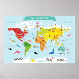 Póster Mapa del mundo infantil brillante con Ilustracione