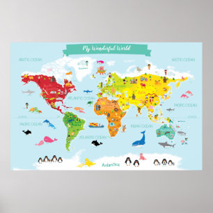 Póster Mapa del mundo infantil brillante con Ilustracione