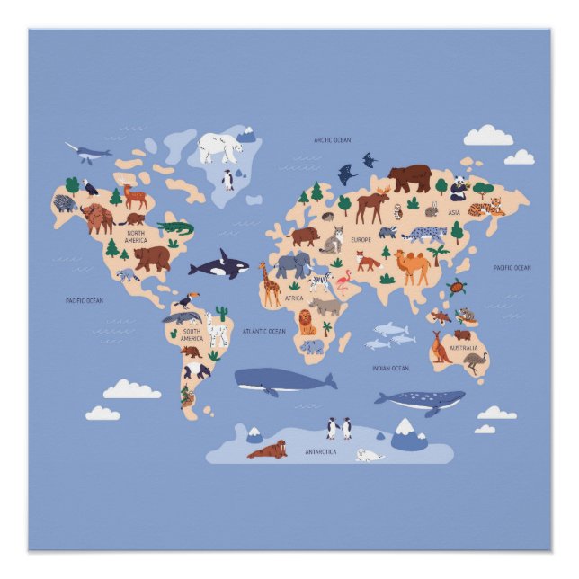 Póster mapa del mundo infantil con animales (Anverso)