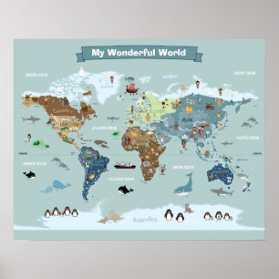 Póster Mapa del mundo infantil con animales y monumentos