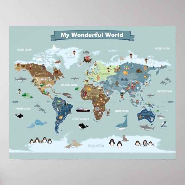 Póster Mapa del mundo infantil con animales y monumentos (Frente)