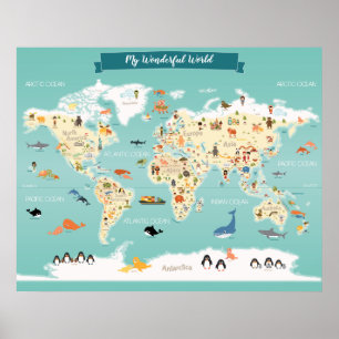 Póster Mapa del mundo infantil con ilustraciones