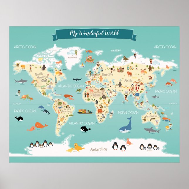 Póster Mapa del mundo infantil con ilustraciones (Frente)