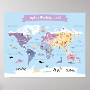 Póster Mapa del mundo infantil con Ilustraciones