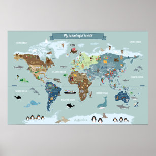 Póster Mapa del mundo infantil con Ilustraciones curos
