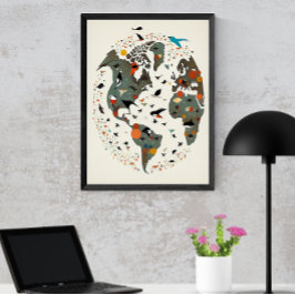 Póster Mapa Del Mundo, Inspirado Por Charley Harper