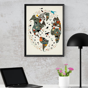Póster Mapa Del Mundo, Inspirado Por Charley Harper