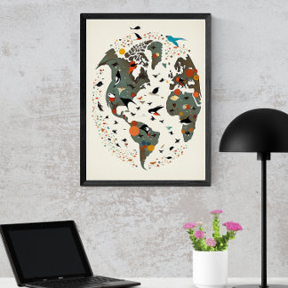 Póster Mapa Del Mundo, Inspirado Por Charley Harper