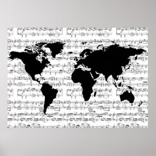 Póster mapa del mundo negro con notas musicales