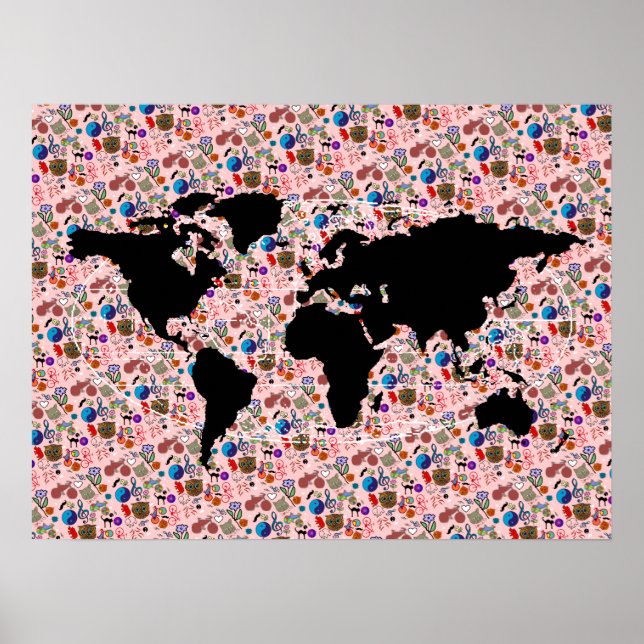 Póster mapa del mundo negro con patrones (Frente)