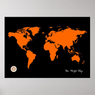 Póster Mapa del mundo negro naranja