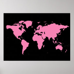 Póster mapa del mundo negro y rosa para las mujeres