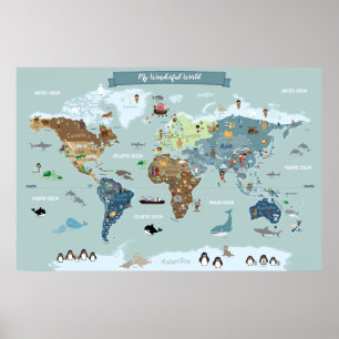 Póster Mapa del mundo para niños con ilustraciones lindas