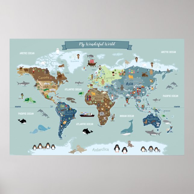 Póster Mapa del mundo para niños con ilustraciones lindas (Frente)