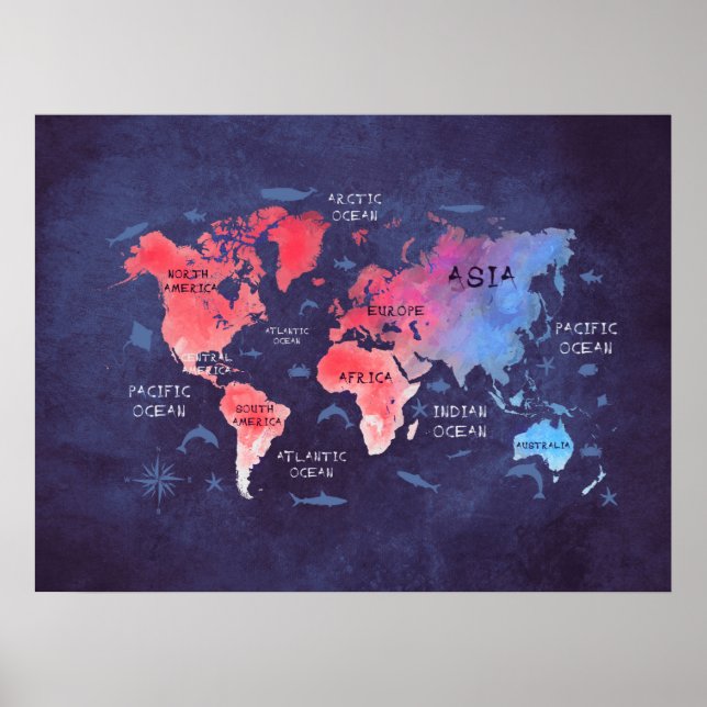 Póster mapa del mundo poster azul rojo (Frente)