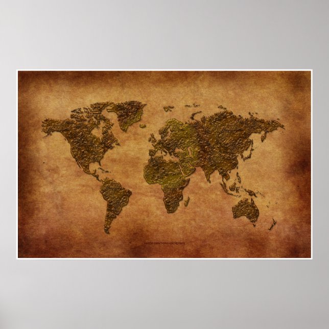 Póster Mapa del mundo rustico en 3D sobre el efecto perga (Frente)