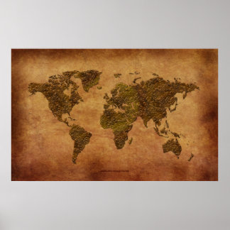 Póster Mapa del mundo rustico en 3D sobre el efecto perga