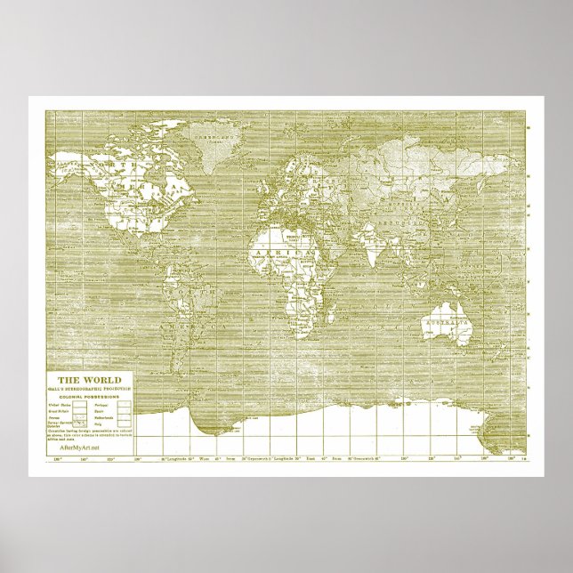 Póster Mapa del Mundo Verde de la Vintage (Frente)