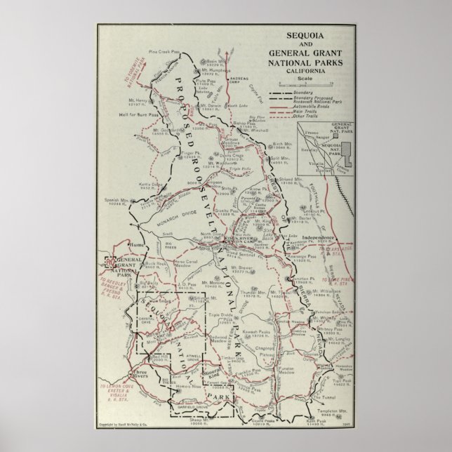 Póster Mapa del parque nacional de la secuoya de las vint (Frente)