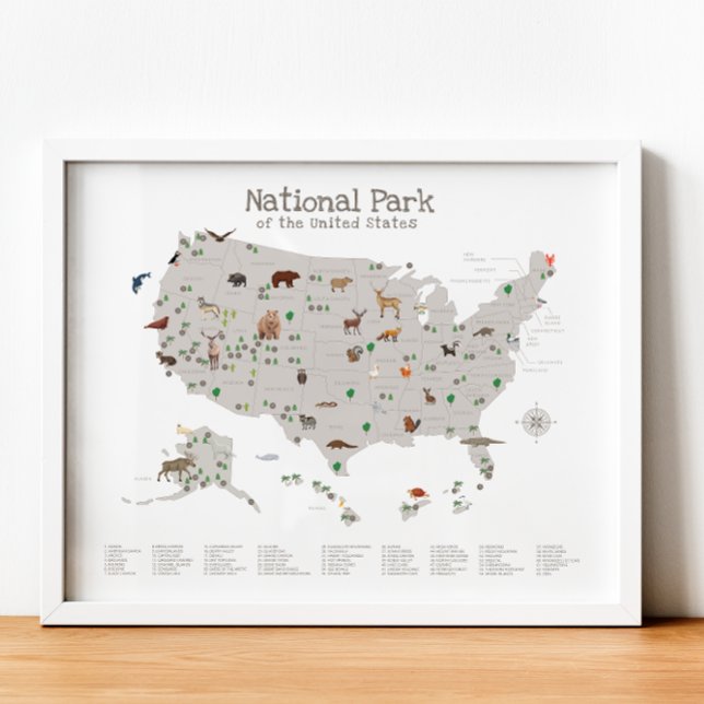 Póster Mapa del Parque Nacional del Tono de la Tierra Nur (Earth Tone National Park Map Woodland Nursery Poster)