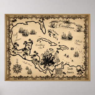 Póster Mapa del pirata del Caribe con Kraken