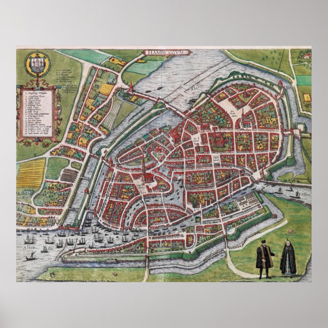 Póster Mapa del plan 1600 de Hamburgo Alemania (Frente)