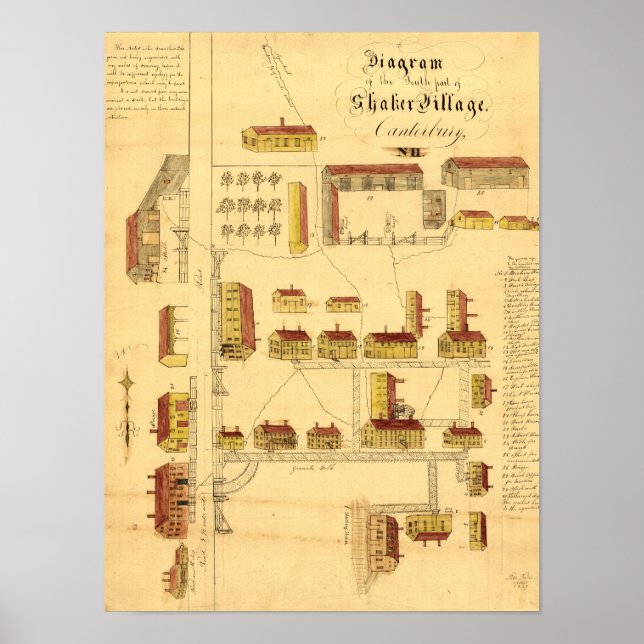 PÓSTER MAPA DEL PUEBLO SHAKER, 1849 (Frente)