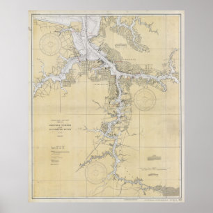 Póster Mapa del puerto de Norfolk del vintage y del río