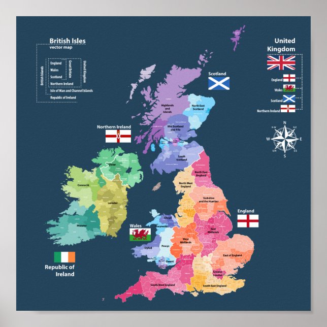 Póster Mapa del Reino Unido - Condados de Inglaterra (Frente)