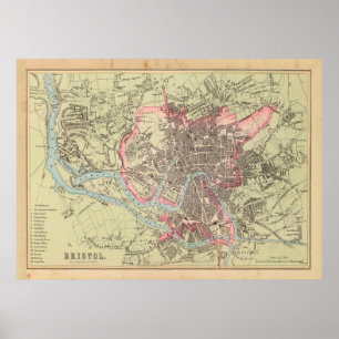 Póster Mapa del Reino Unido de la vieja Bristol (1872)