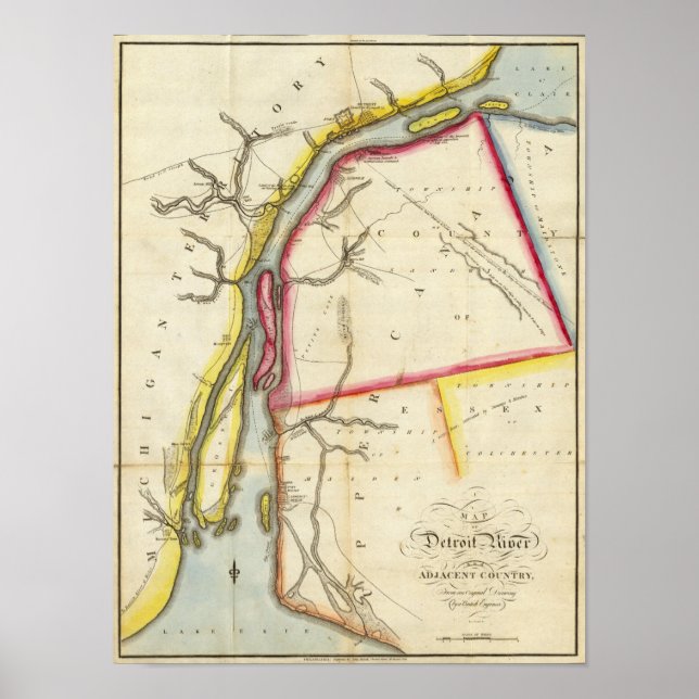 Póster Mapa del río Detroit y el país adyacente (Frente)