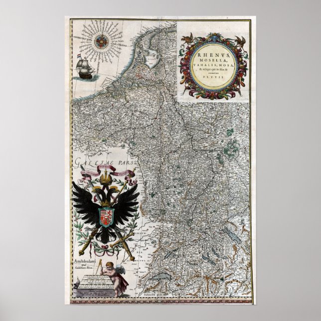 Póster Mapa del río Rin y Mosela de 1634 (Frente)