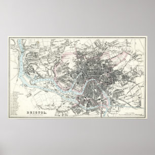 Póster Mapa del siglo XIX antiguo de Bristol