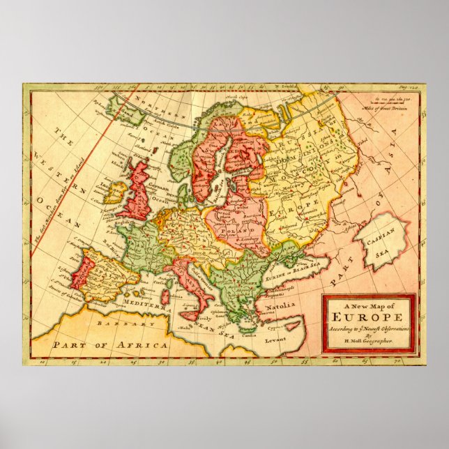Póster Mapa del siglo XVIII de Europa Herman Moll (Frente)