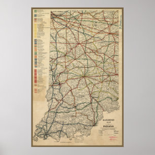 Póster Mapa del sistema ferroviario de Indiana, Circa 189