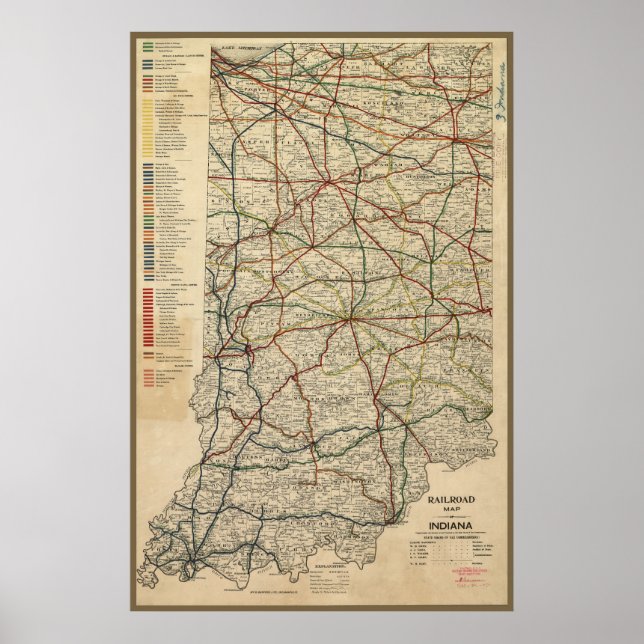Póster Mapa del sistema ferroviario de Indiana, Circa 189 (Frente)