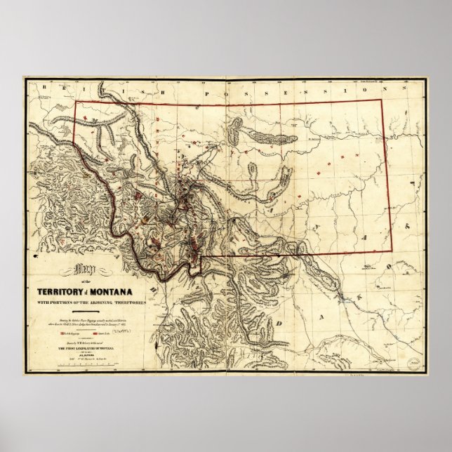 Póster Mapa del Territorio de Montana (1865) (Frente)