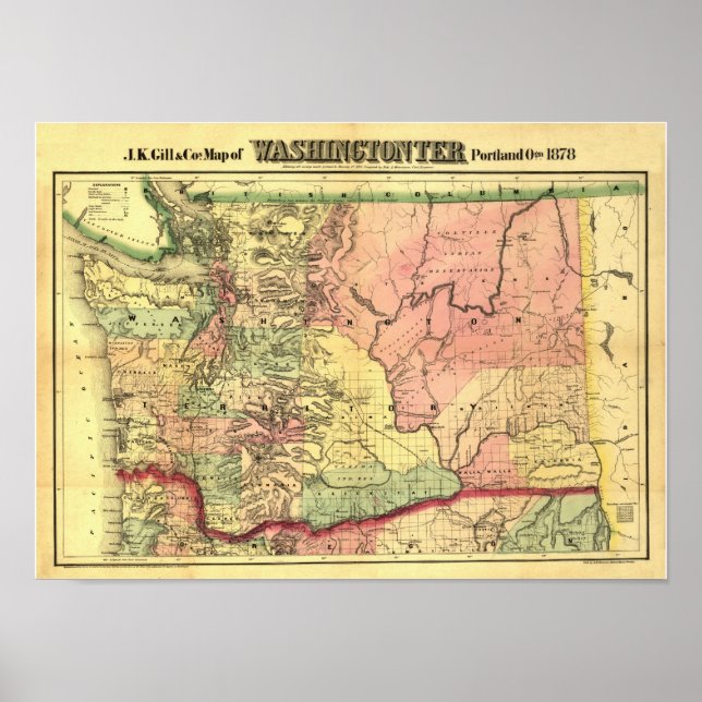 Póster Mapa del Territorio de Washington de 1878 (Frente)