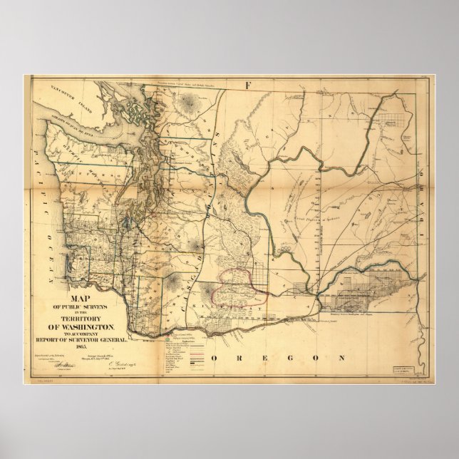 Póster Mapa del Territorio de Washington (Estado) de 1865 (Frente)