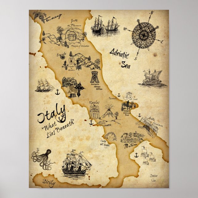 Póster Mapa del tesoro de Italia - Lo que yace debajo (Frente)