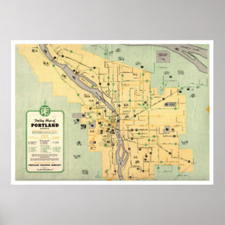 Póster Mapa del tranvía de Portland Oregon de 1955