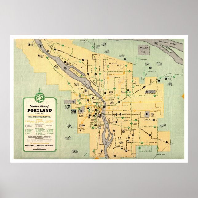Póster Mapa del tranvía de Portland Oregon de 1955 (Frente)
