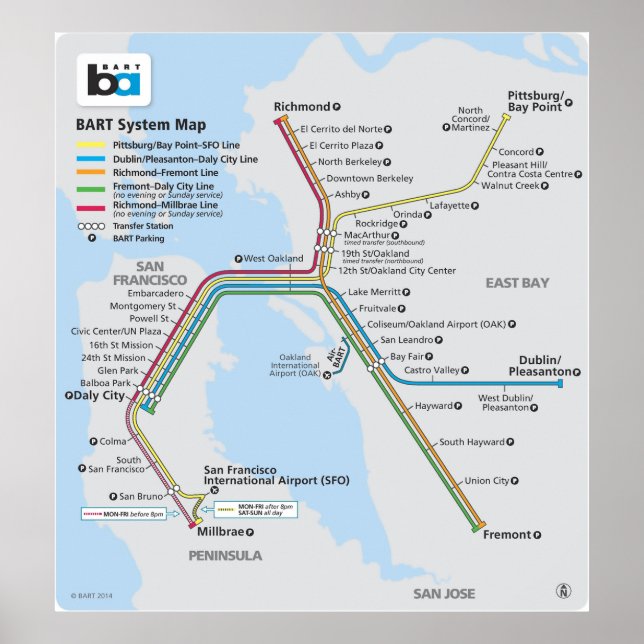 Póster Mapa del tren de BART (Frente)