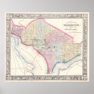 Póster Mapa del vintage de C.C. de Washington (1864)