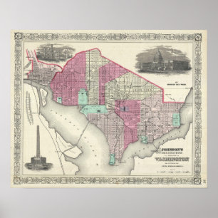 Póster Mapa del vintage de C.C. de Washington (1866)