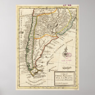 Póster Mapa del vintage de Chile y de la Argentina (1732)