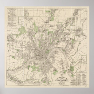 Póster Mapa del vintage de Cincinnati Ohio (1915)