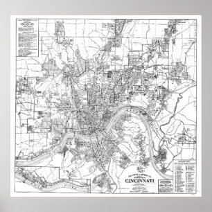 Póster Mapa del vintage de Cincinnati Ohio (1915) BW